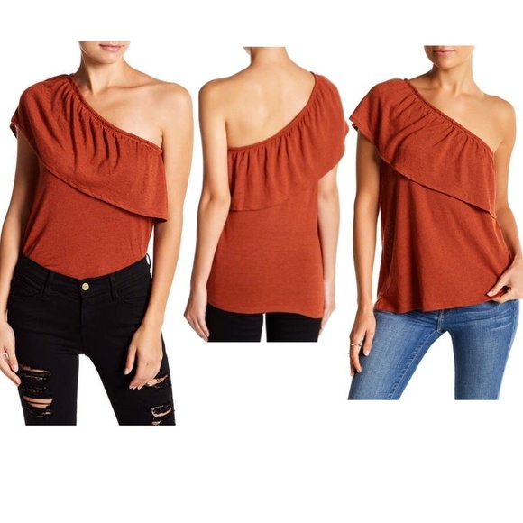 Melrose and Market Tops - 1 Shoulder Ruffle Sleeve Linen Blend Top XSP NEW